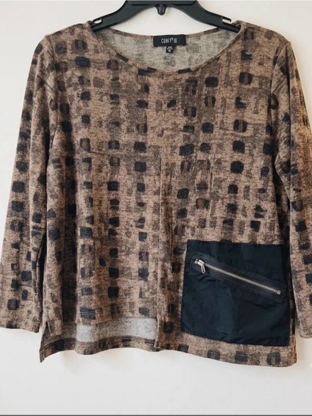 Comfy USA Brown & Black Patterned Crewneck Sweater with Zip Pocket
